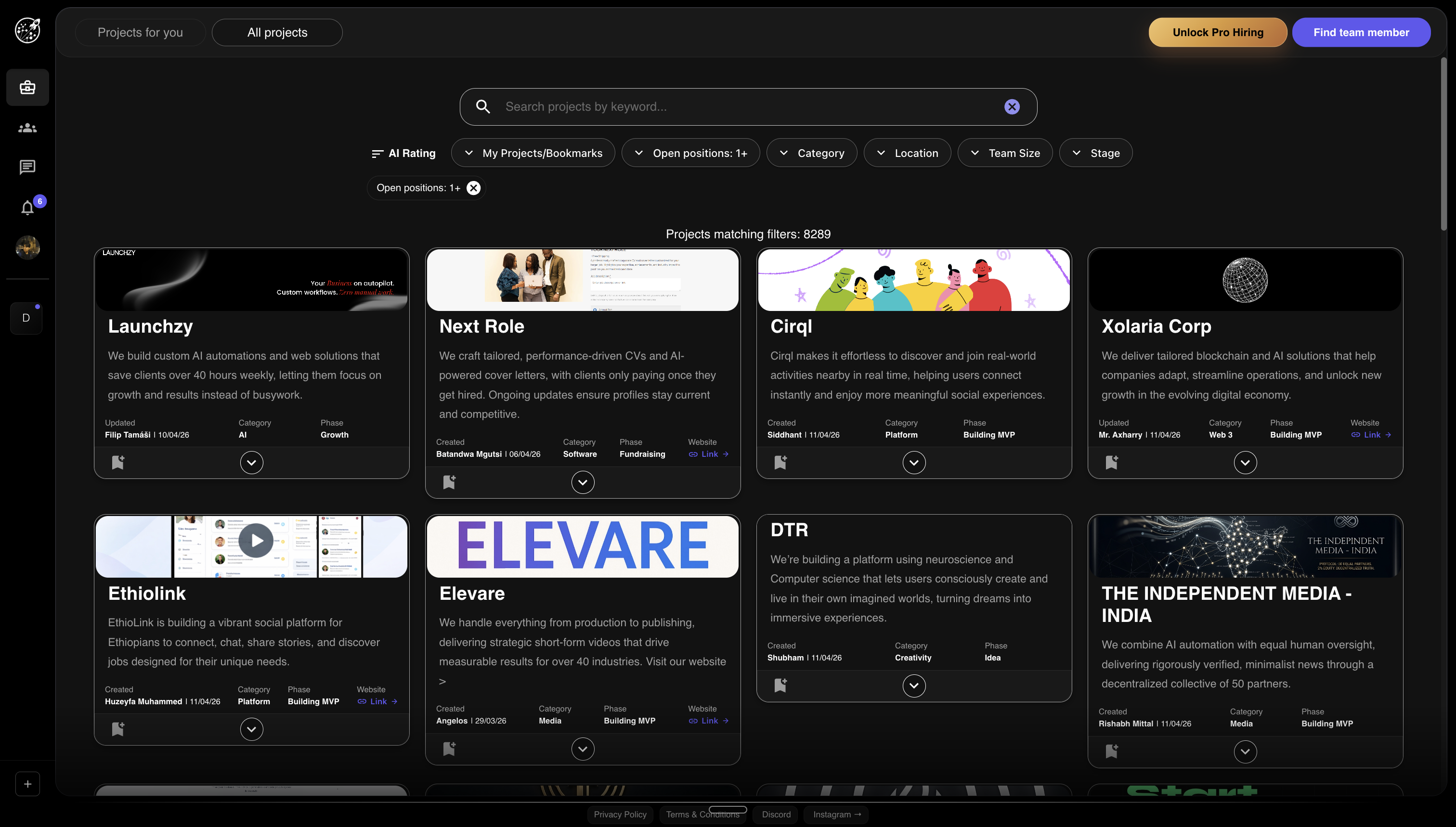 AI project matching feed — live at 151K+ users
